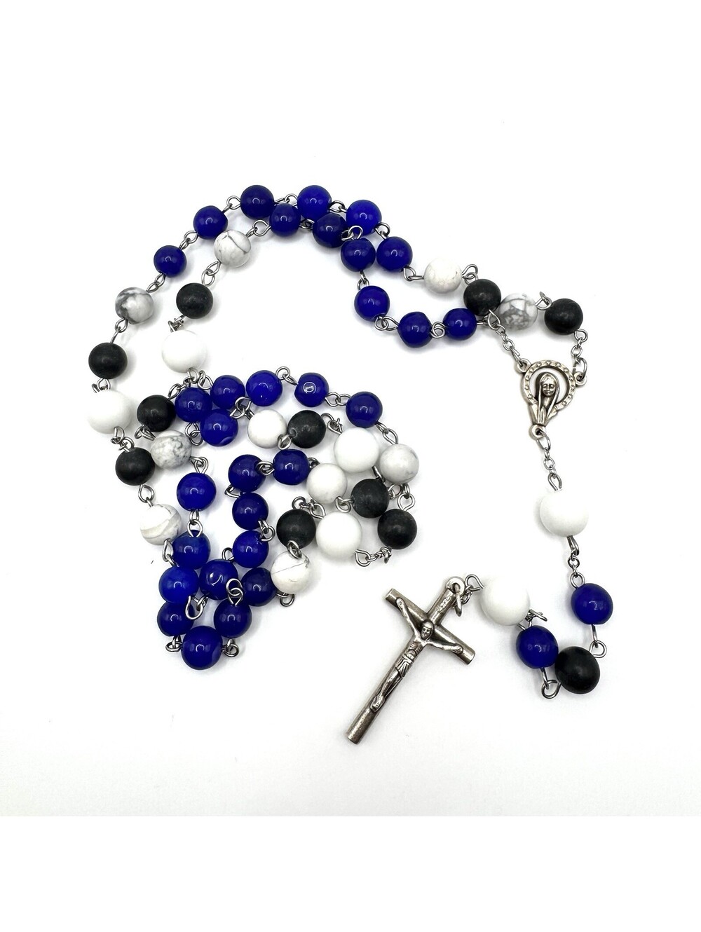 Catholic rosary blue black white glass beads large crucifix, Italy.  Jesus Mary